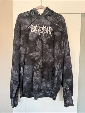 Champion Black & Gray Tie-Dye Crewneck Hoodie with White Graphic